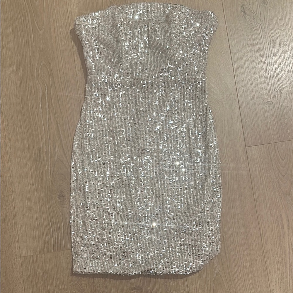 Silver Sequin Strapless Dress